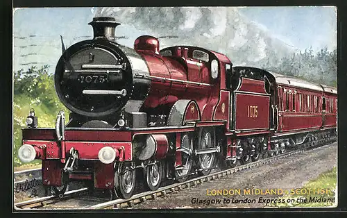 Künstler-AK London Midland & Scottish, Glasgow to London Express on the Midland, engl. Eisenbahn, Lokomotive Nr. 1075