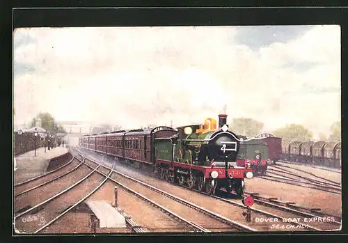 Künstler-AK englische Eisenbahn Dover Boat Express der Gesellschaft S.E. & CH.RLY mit Kennung 736