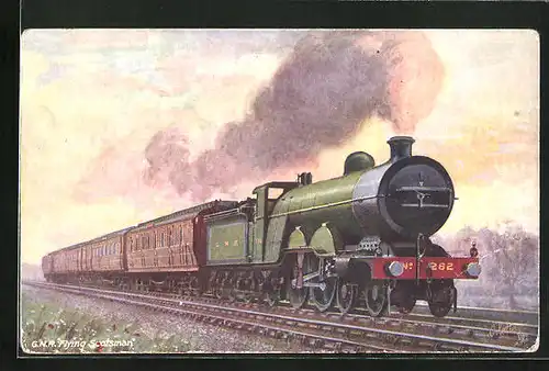 Künstler-AK G.N.R. Flying Scotsman, englische Eisenbahn mit Lokomotive Nr. 282