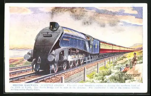 Künstler-AK Scottish Region, Lokomotive No. 60009 der British Railways, East Coast Aberdeen Express, englische Eisenbahn