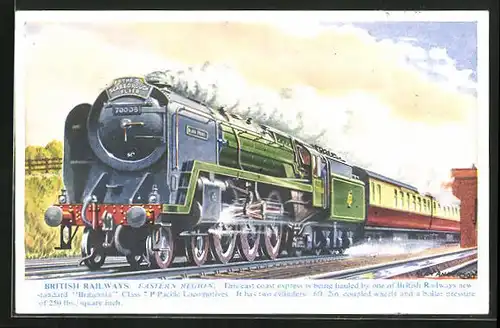 Künstler-AK Eastern Region, British Railway, Britannia Class 7 P Pacific Locomotive No. 70008, englische Eisenbahn