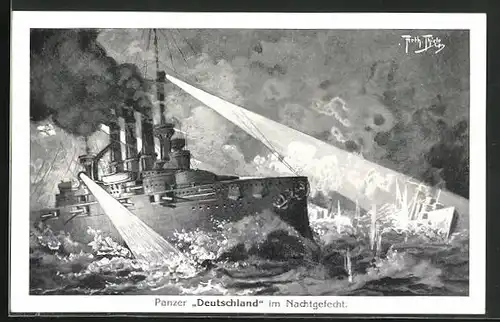 Künstler-AK Arthur Thiele: Kriegsschiff Deutschland im Nachtgefecht