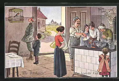 Künstler-AK Arthur Thiele: Soldaten helfen in der Küche beim Kochen