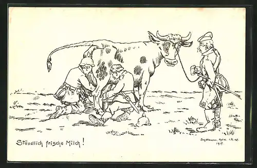 Künstler-AK sign. Schellmann: Stündlich frische Milche - Soldaten melken eine Kuh
