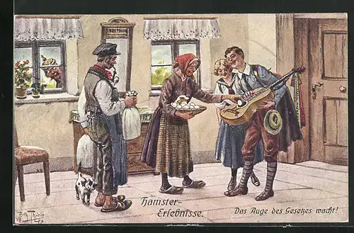 Künstler-AK Arthur Thiele: Hamster-Erlebnisse, Das Auge des Gesetzes wacht, Gitarrenspieler verdient sich ein Ei