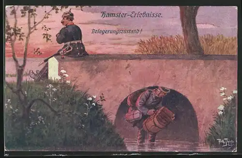 Künstler-AK Arthur Thiele: Hamster-Erlebnisse, Belagerungszustand, feindlicher Soldat unter der Brücke