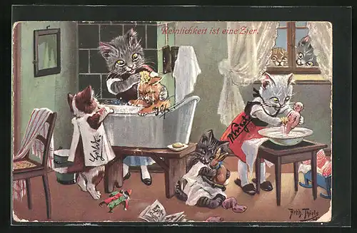 Künstler-AK Arthur Thiele: Reinlichkeit ist eine Zier - Katzen bei der Wäsche