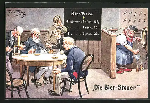 Künstler-AK Arthur Thiele: Männer in der Kneipe - Die Bier-Steuer, Gerichtsvollzieher