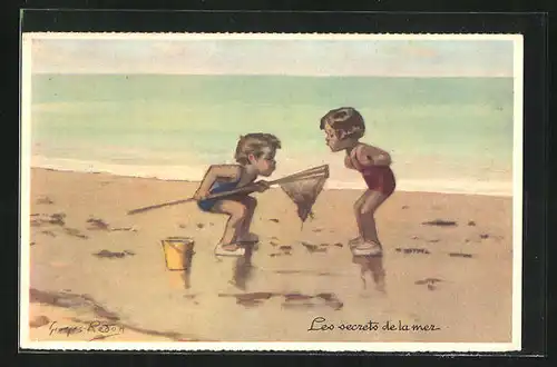 Künstler-AK sign. Georges Redon: Kinder beim Fischen am Strand