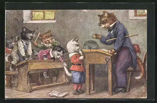 Künstler-AK Arthur Thiele: Katzen beim Unterricht in der Schule
