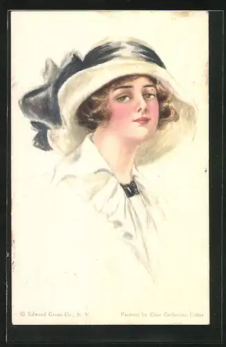 Künstler-AK sign. Elsie Catherine Fidler: Hübsche junge Frau mit tollem Hut