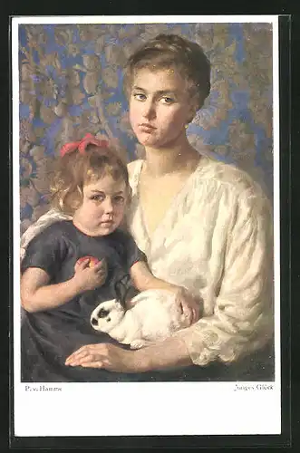 Künstler-AK sign. P.v. Hamme: Junges Glück- Mutter mit Kind und Kaninchen
