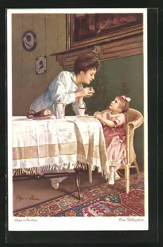 Künstler-AK sign. Olga v. Riesen: Mutter mit Tochter beim Tischgebet