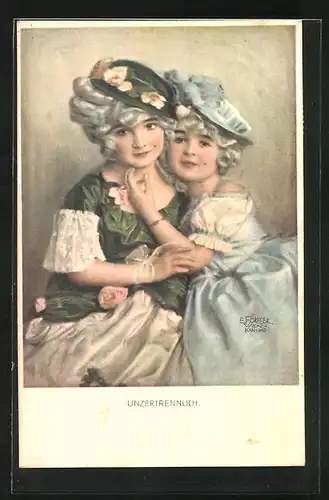 Künstler-AK sign. E. Förster: Unzertrennlich -Zwei elegant gekleidete Mädchen