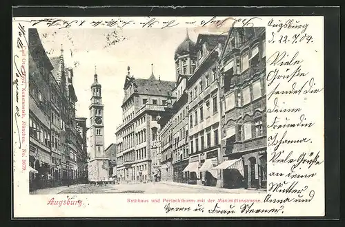 AK Augsburg, Rathaus und Perlachturm mit der Maximilianstrasse