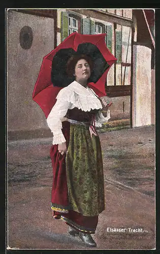 Künstler-AK elsass-lothringische Tracht, im Trachtenkleid mit einem roten Schirm