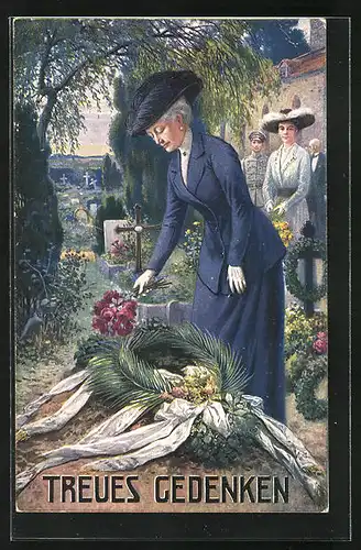 Künstler-AK Kaiserin Auguste Victoria Königin von Preussen, treues Gedenken, im blauen Kostüm am Grab