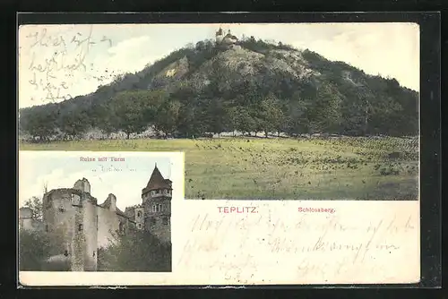 AK Teplitz Schönau / Teplice, Schlossberg, Ruine mit Turm