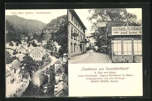 AK Herrnskretschen / Hrensko, Generalansicht der Ortschaft in der Böhmischen Schweiz, Gasthof zur Gemütlichkeit Seidel