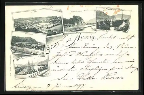 AK Aussig / Usti, Ruine Schreckenstein, Ferdinandshöhe, Schiffe im Hafen