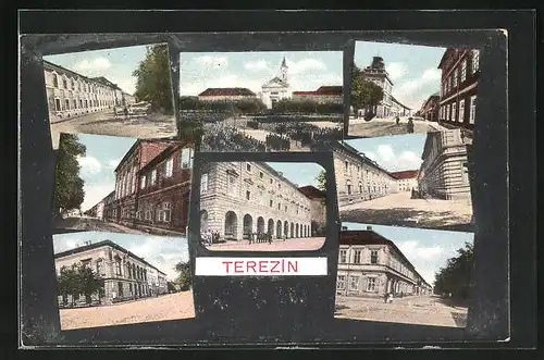 AK Theresienstadt / Terezin, Mehrfachansichten im Ort, Menschenansammlung auf dem Hauptplatz, Blick zur Kirche