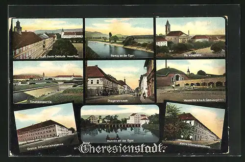 AK Theresienstadt / Terezin, Mühlen an der Eger, grosse und kleine Infanteriekaserne, Schanzenpartie, Wassertor