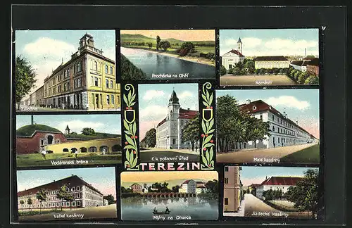 AK Theresienstadt / Terezin, C.k. Postovni Urad, Male Kasarny, Namesti, Vodarenska Brana