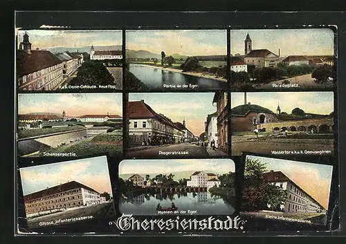 AK Theresienstadt / Terezin, Partie an der Eger, Paradeplatz, Wassertor, Schanzenpartie, Kasernen