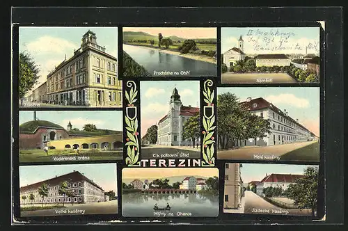 AK Theresienstadt / Terezin, C.k. Postovni Urad, Vodarenska Brana, Velke Kasarny, Male Kasarny