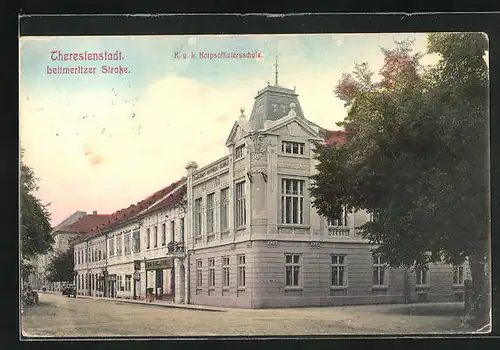 AK Theresienstadt / Terezin, Leitmeritzer Strasse mit K. u. K. Korpsoffiziersschule