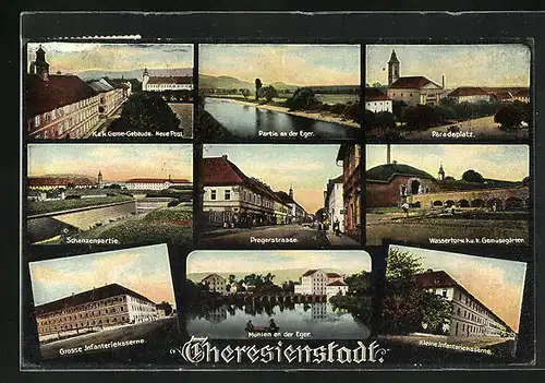 AK Theresienstadt / Terezin, Grosse und Kleine Infanterie-Kaserne, Pragerstrasse, Paradeplatz