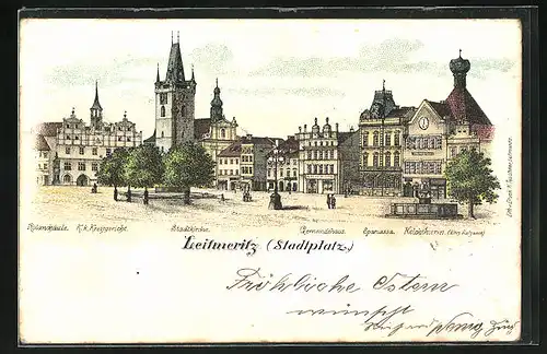 Lithographie Leitmeritz / Litomerice, Stadtplatz mit Stadtkirche, Rolandsäule und Sparcassa