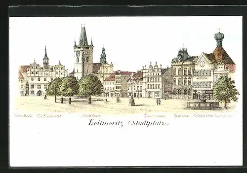Lithographie Leitmeritz / Litomerice, Stadtplatz mit Kreisgericht, Gemeindehaus und Kelchthurm