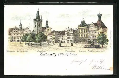 Lithographie Leitmeritz / Litomerice, Stadtplatz mit Kreisgericht, Gemeindehaus und Kelchthurm