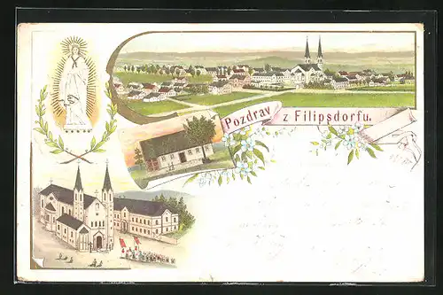 Lithographie Philippsdorf, Kirche und Gesamtansicht, Gnadenbild