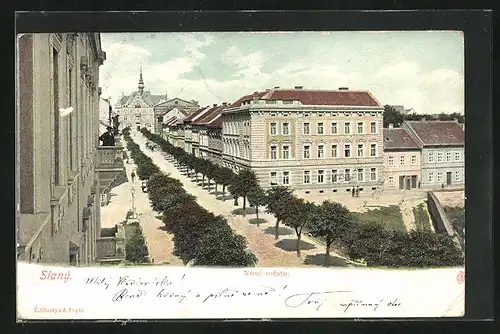 AK Schlan / Slany, Nove Mesto, Blick über die mit Bäumen gesäumte Allee