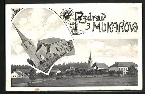 AK Mukarov, Blick vom Feld auf die Kirche