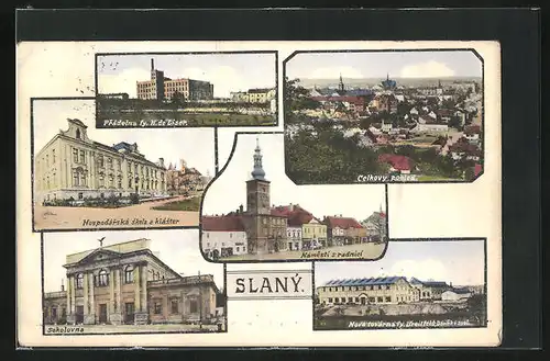 AK Slany, Celkoy Pohled, Pradelna fy. H. de Liser, Sokolona, Namesti s Radnici