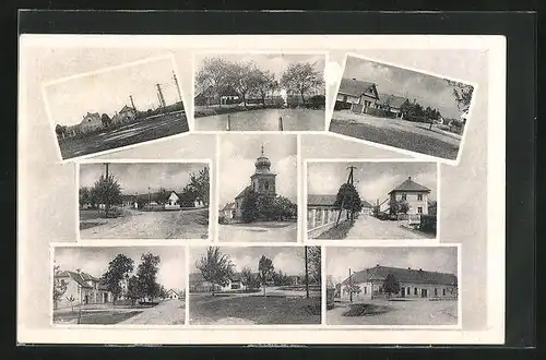 AK Gross-Wiklek, Mehrfachansichten, an der Kirche, Strasse durch den Ort Schule und Warenhandlung