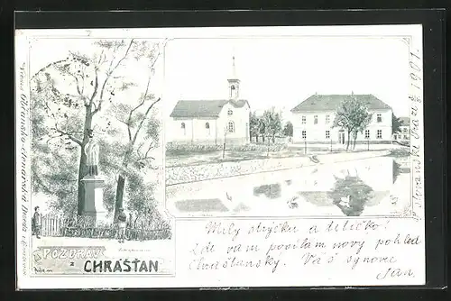 AK Chrástany, Denkmal, Kirche und Gebäude