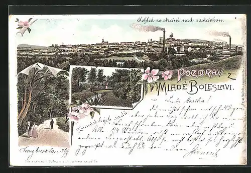Lithographie Jung Bunzlau / Mlada Boleslav, Pohled ze stráne nad zastávkon