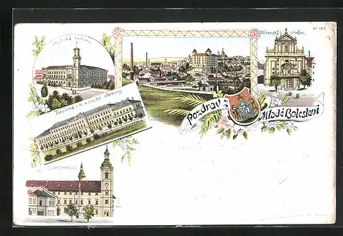 Lithographie Jung Bunzlau / Mlada Boleslav, Kasárna c. K. zemské obrany, Stare mesto, Dekansky chrám