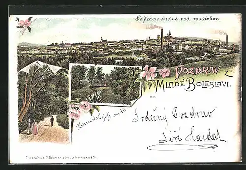 Lithographie Jung Bunzlau / Mlada Boleslav, pohled ze stráne nad zastávkon