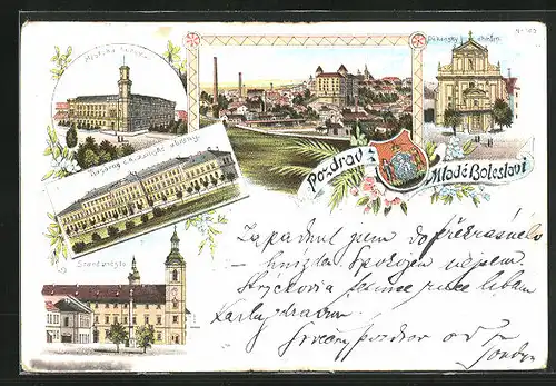 Lithographie Jung Bunzlau / Mlada Boleslav, Staré mesto, Kásárna c. k. zemské obrany, Dekansky chrám