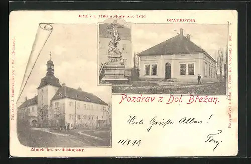 AK Dolni Brezany, Zámek kn. arcibiskupský, Opatrovna, Kriz z r. 1760 u Skoly z r. 1826