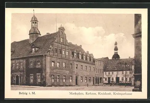 AK Belzig i.M., Marktplatz, Rathaus, Kreisbank und Kreissparkasse