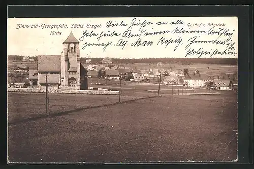 AK Zinnwald-Georgenfeld /Erzgeb., Panorama mit Kirche & Gasthof z. Erbgericht