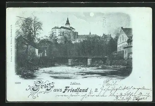 Mondschein-AK Friedland / Frydlant, Blick zum Schloss