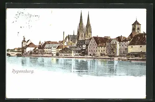 AK Regensburg, Blick über die Donau zur Stadt