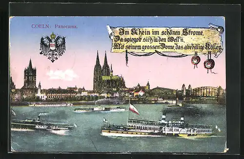 AK Köln am Rhein, Panorama mit Blick zum Dom und Schiffe auf dem Rhein
